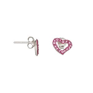 Earstud, sterling silver and crystal, rose, 10x7mm open heart. Sold per pair.