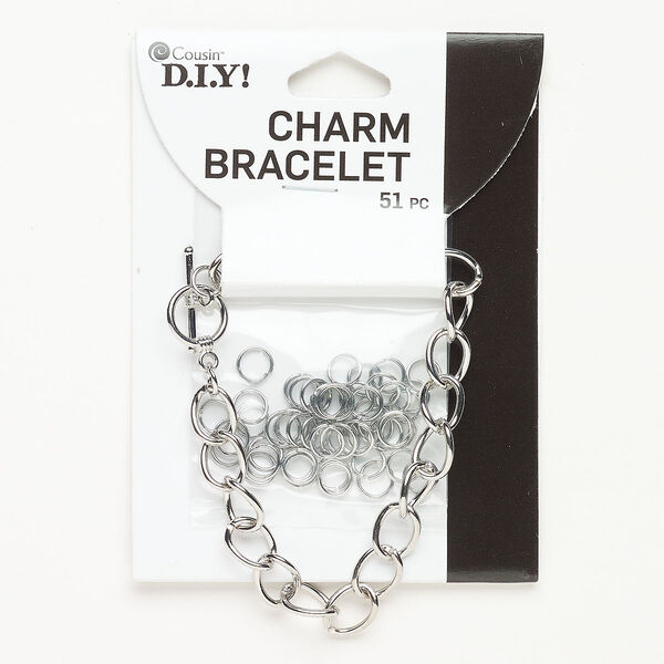 Bracelet split ring jump ring assortment steel 53pk 8.1mm curb 6mm round jump ring, antique silver finish 7 inch image number 0