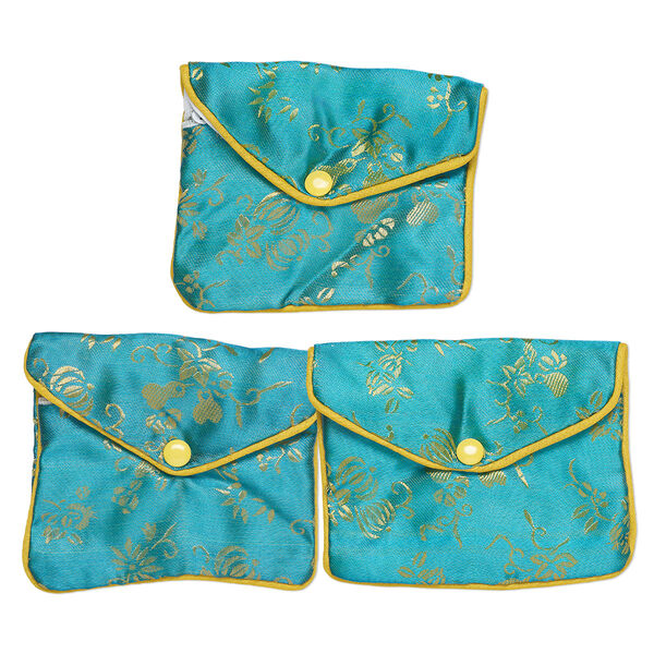 Pouch, rayon, teal / yellow / white, 3-1/2x4-1/2-inch brocade. Sold per pkg of 3. image number 0