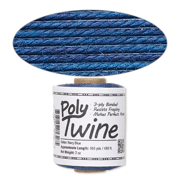 Cord, 3-ply bonded polyester twine, navy blue, 1mm diameter. Sold per 2-ounce spool. image number 0