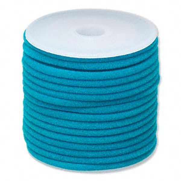 Cord, velveteen and rubber, turquoise blue, 3mm round with 1-1.5mm hole. Sold per 25-foot spool. image number 0