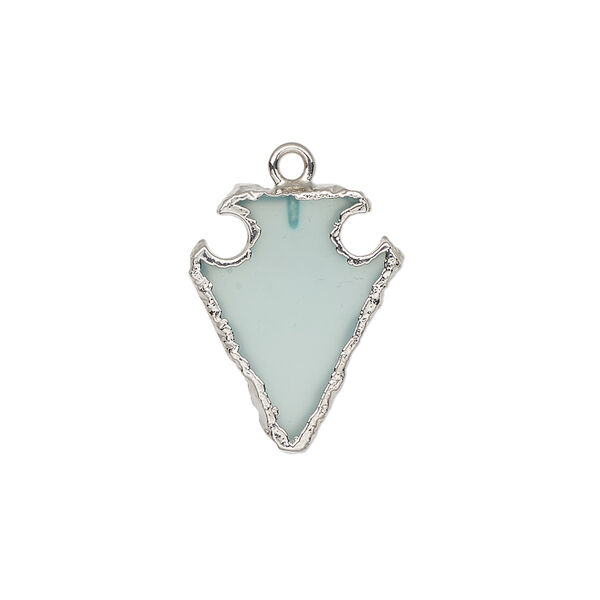 Drop, chalcedony (dyed) / electroplated silver / silver-plated sterling silver, aqua blue, 20x15mm hand-cut arrowhead. Sold individually. image number 0