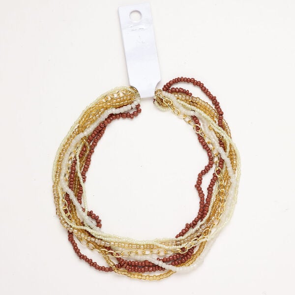 Seed bead and chain mix 1pkg8, glass and gold-finished steel, opaque and translucent mixed colors, 3x4mm-4x3mm round and 6mm cable, 16 inches. image number 0