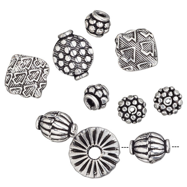 Bead mix, antique silver-plated copper, 7x6mm-14x8mm mixed shape. Sold per pkg of 10. image number 0