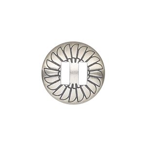 Slide, antiqued sterling silver, 19mm single-sided round Concho with fan design and 6.5mm bar, 6.5x2.5mm hole. Sold individually.