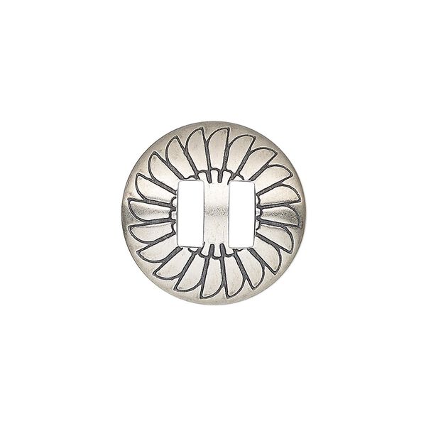 Slide, antiqued sterling silver, 19mm single-sided round Concho with fan design and 6.5mm bar, 6.5x2.5mm hole. Sold individually. image number 0
