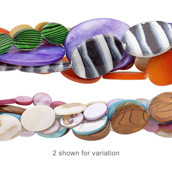 Bead mix, mother-of-pearl shell (natural / bleached / dyed / coated), mixed colors, 10x8mm-35x25mm flat oval, Mohs hardness 3-1/2. Sold per pkg of (5) 14- to 15" to 16" strands. image number 0