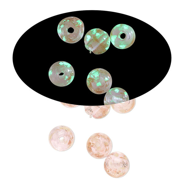 Bead, lampworked glass, clear / pink / glow-in-the-dark / gold, 6mm round. Sold per pkg of 6. image number 0