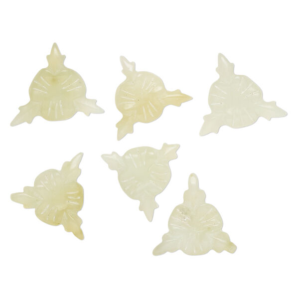 Component, new "jade" (serpentine) (natural), light to medium, 25x22mm-26x23mm carved flower, B grade, Mohs hardness 2-1/2 to 6. Sold per pkg of 6. image number 0