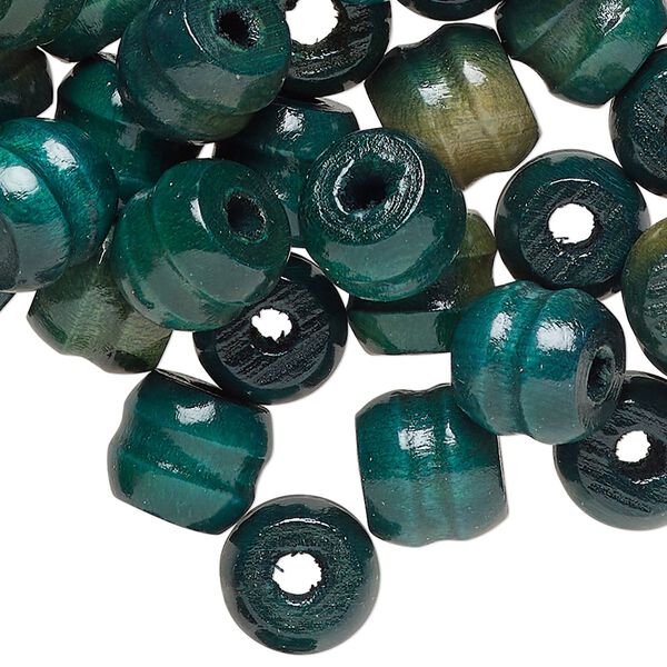 Bead, wood (dyed/waxed), green, 11x9mm ribbed barrel. Sold per pkg of 100. image number 0
