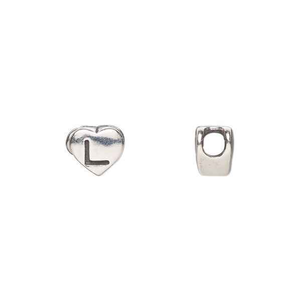 Bead, sterling silver, 7.5x7mm heart with alphabet letter "L." Sold individually. image number 0