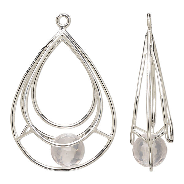 Focal, sterling silver and rose quartz (natural), 32x25mm open teardrop with 9mm hand-cut faceted round, B- grade, Mohs hardness 7. Sold individually. image number 0
