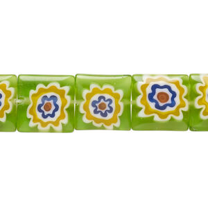 Bead, millefiori glass, translucent green and multicolored, 11mm-13x12mm puffed square with flower design. Sold per 14-inch strand.