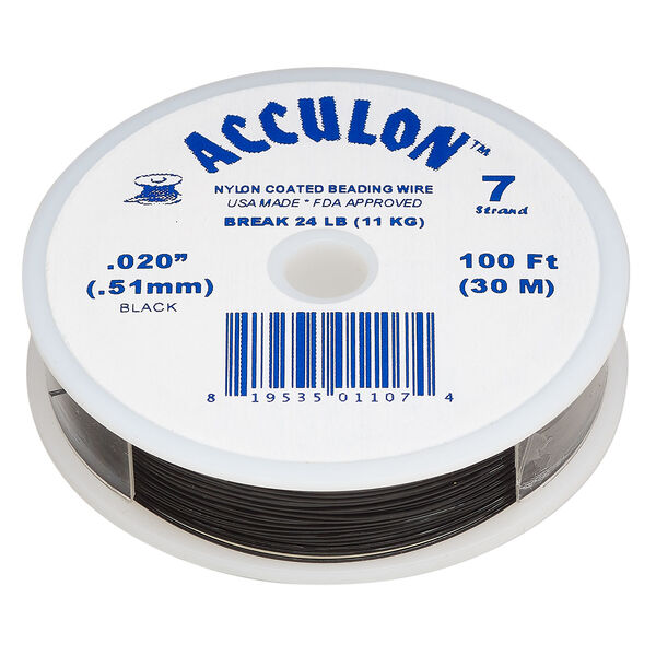 Beading wire, Acculon®, nylon-coated stainless steel, black, 7 strand, 0.02-inch diameter. Sold per 100-foot spool. image number 0