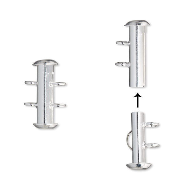 Clasp, 2-strand slide lock, silver-plated brass, 16x6mm round tube. Sold per pkg of 4. image number 0