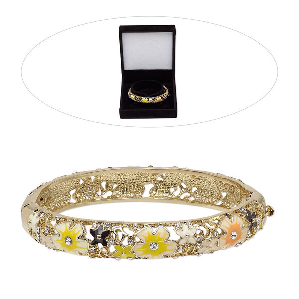 Bracelet, bangle, enamel / Czech glass rhinestone / gold-finished "pewter" (zinc-based alloy), clear / yellow / multicolored, 11mm wide with flowers, 7 inches with hinged tab clasp. Sold individually. image number 0