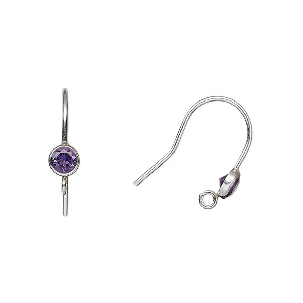 Ear wire, amethyst (natural) and sterling silver, 15mm fishhook with 4mm faceted round and open loop, 20 gauge. Sold per pair. image number 0
