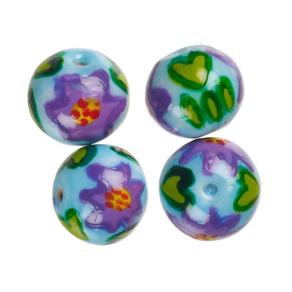 Bead, lampworked glass, opaque turquoise blue and multicolored, 15-13mm round with painted flower design. Sold per pkg of 4. image number 0