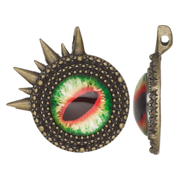 Focal, antique brass-finished "pewter" (zinc-based alloy) and glass, green / red / black, 40mm single-sided round dragon eye. Sold individually. image number 0