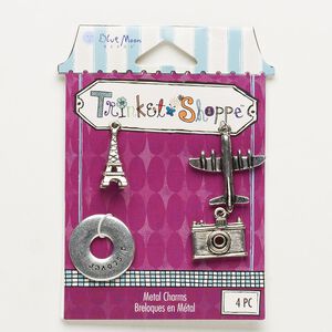 Charm, antique silver-finished "pewter" (zinc-based alloy), assorted travel designs. Sold per pkg of 4 charms.