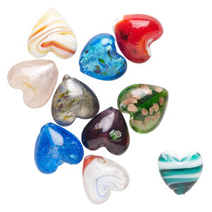 Bead mix, lampworked glass, pkg/10, opaque and translucent multicolored with silver-colored foil and copper-colored glitter, 18-20mm puffed heart.