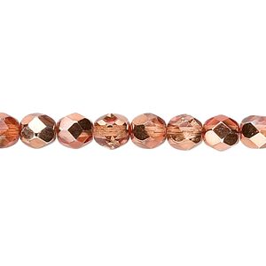 Bead, Czech fire-polished glass, opaque to translucent clear with half-coat metallic apricot, 6mm faceted round. Sold per 15-1/2" to 16" strand.