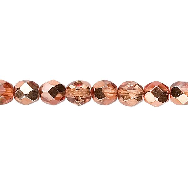 Bead, Czech fire-polished glass, opaque to translucent clear with half-coat metallic apricot, 6mm faceted round. Sold per 15-1/2" to 16" strand. image number 0