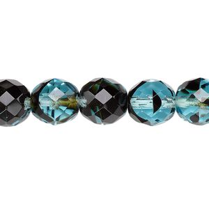 Bead, Czech fire-polished glass, black and turquoise blue, 10mm faceted round. Sold per 15-1/2" to 16" strand, approximately 40 beads.