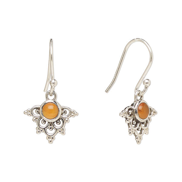 Ear wire, Create Compliments®, antiqued sterling silver and carnelian (dyed/heated), fishhook, 24.5mm with 13x11mm single-sided beaded fancy arrowhead, 21 gauge. Sold per pair. image number 0