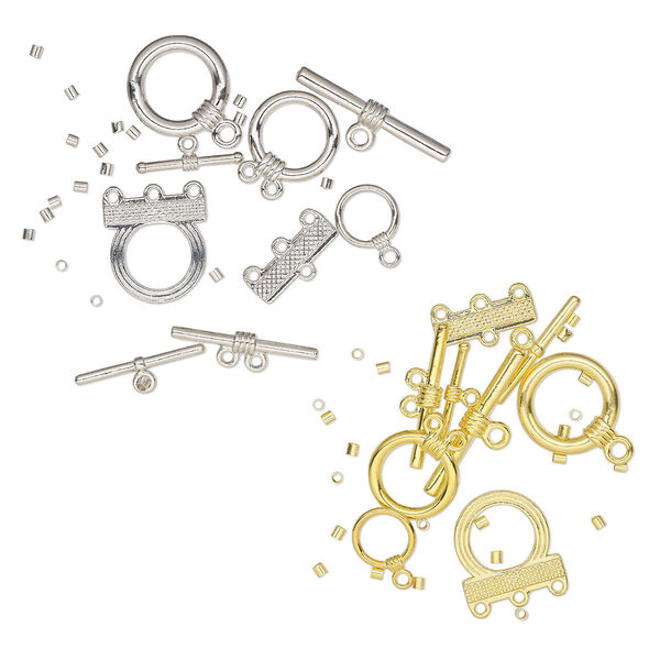 Clasp, toggle, gold- and silver-finished brass, assorted sizes. Sold per pkg of 8. image number 0