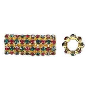 Bead, glass rhinestone and gold-finished brass, ruby red and emerald green, 32x13mm cylinder, 7.5mm hole. Sold individually.