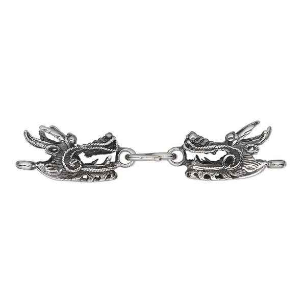 Clasp, S-hook, antiqued sterling silver, 58x14mm double dragon head. Sold individually. image number 0
