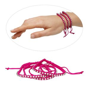 Bracelet, glass rhinestone / nylon / silver-plated brass, fuchsia and clear, 6mm wide with cupchain, adjustable from 7-1/2 to 12 inches with wrapped knot closure. Sold per pkg of 3.