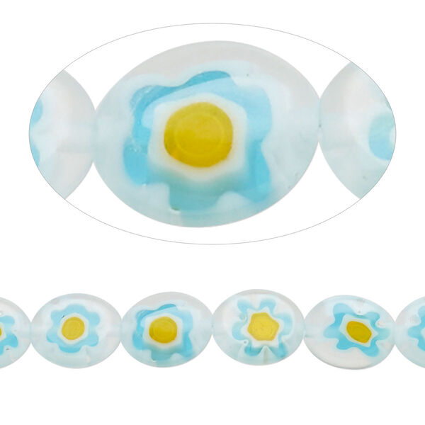 Bead, millefiori glass, translucent clear / yellow / white, 10x8mm puffed oval with flower design. Sold per 14-inch strand. image number 0