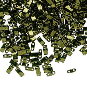 Seed bead, TILA®, glass, pkg/10g, 5x2.3mm half tila rectangle, translucent luster olive green, (HTL-306).
