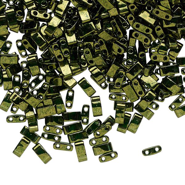 Seed bead, TILA®, glass, pkg/10g, 5x2.3mm half tila rectangle, translucent luster olive green, (HTL-306). image number 0