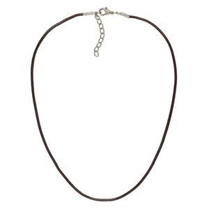 Necklace cord, leather and imitation rhodium-plated brass and steel, brown, 2mm round, 16 inches with 2-inch extender chain and lobster claw clasp. Sold per pkg of 6.