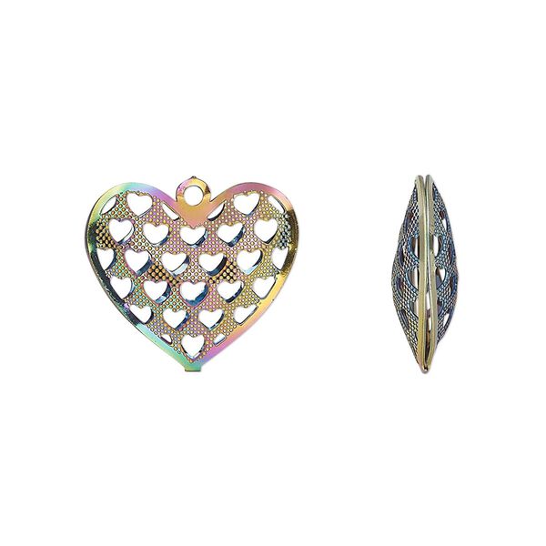 Charm, electro-coated stainless steel, rainbow, 17.5x16mm double-sided domed heart with textured cut-out hearts design. Sold per pkg of 6. image number 0