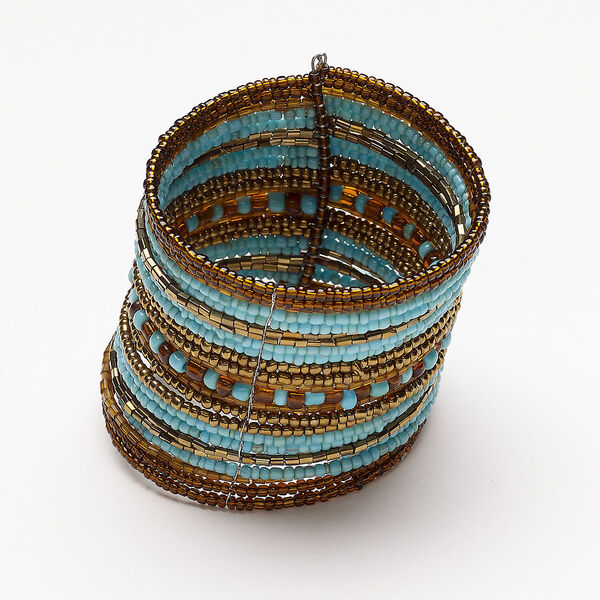Bracelet, cuff, steel and glass, pkg/1, 7 inches, blue / copper / amber. image number 0