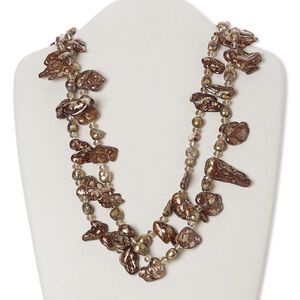 Necklace, cultured freshwater pearl (dyed) and glass, brown and light brown, freeform, 48-inch continuous loop. Sold individually.
