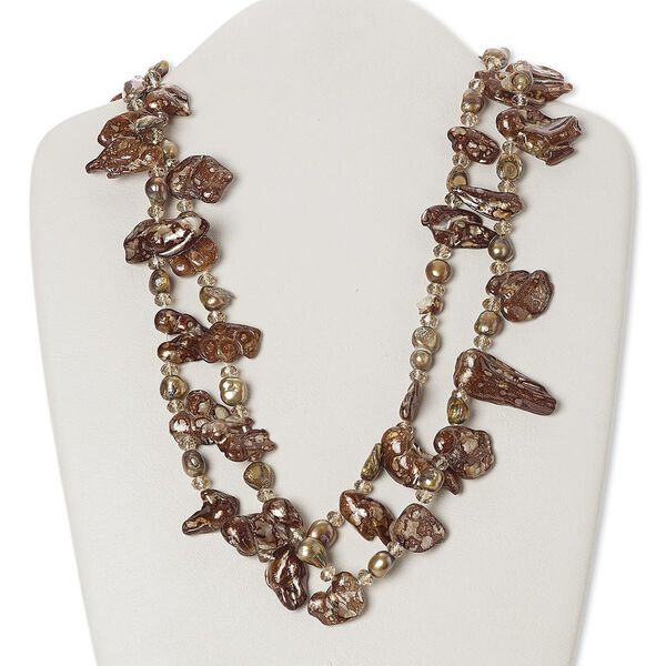 Necklace, cultured freshwater pearl (dyed) and glass, brown and light brown, freeform, 48-inch continuous loop. Sold individually. image number 0