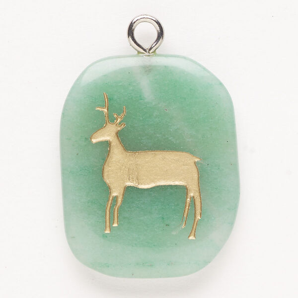Focal, steel/green aventurine (natural)/enamel, pkg/1, silver finish and gold, 30x24mm-39x27mm single-sided puffed freeform with deer, B grade. image number 0