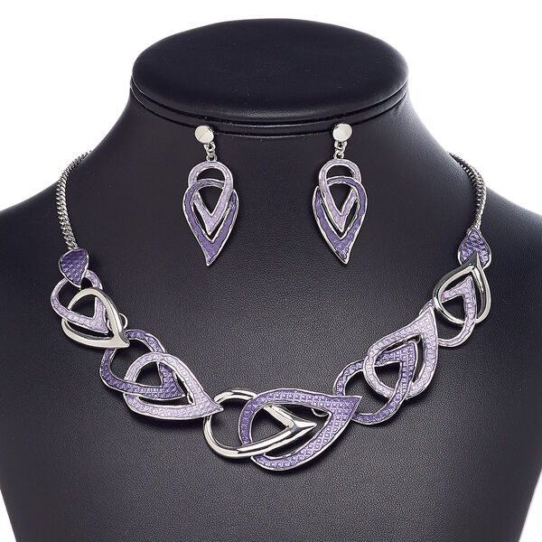 Necklace and earring set, enamel / plastic / imitation rhodium-finished steel / "pewter" (zinc-based alloy), light purple and dark purple, teardrop, 15" to 16" necklace with 2-inch extender chain and lobster claw clasp, 41mm earrings with post. Sold per set. image number 0