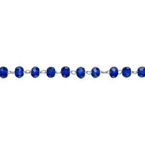Chain 1pkg1 beaded, 3.5mm faceted rondelle, cobalt blue glass / stainless steel 1 yard unfinished