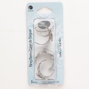 Ring, steel, pkg/3, silver finish, fancy open back with 16mm round flat pad.