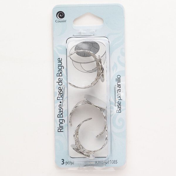 Ring, steel, pkg/3, silver finish, fancy open back with 16mm round flat pad. image number 0