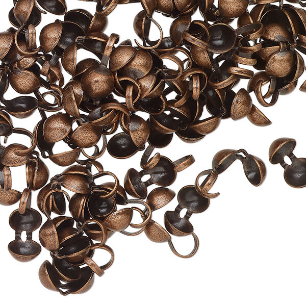 Bead tip, antique copper-finished brass, 8x4mm bottom clamp-on round with open loop. Sold per pkg of 100. image number 0