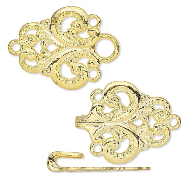 Clasp, hook-and-eye, gold-finished "pewter" (zinc-based alloy), 59x28mm single-sided fancy. Sold individually. image number 0