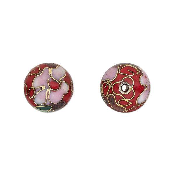 Bead, cloisonné, enamel and gold-finished copper, red and multicolored, 12mm round with flower design. Sold per pkg of 10. image number 0