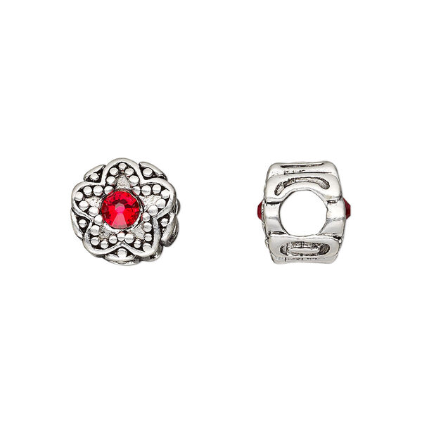 Bead, Dione®, antique silver-plated pewter (tin-based alloy) and crystal rhinestone, ruby red, 11mm double-sided round with star design. Sold individually. image number 0